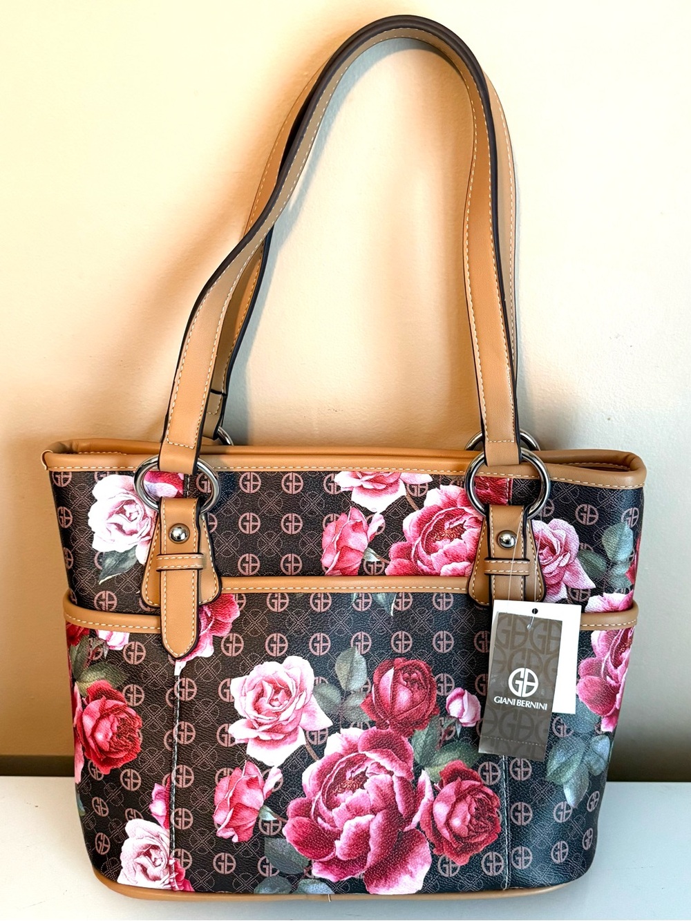 GIANI BERNINI LARGE MULTICOLOR FLORAL TOTE/SHOULDER BAG SILVER ACCENTS NWT